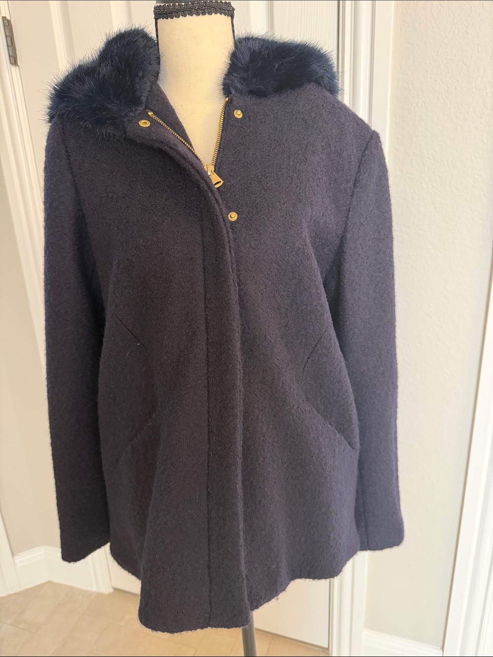 Women's Laudry Navy Faux-Fur Trim Wool/Poly Hooded Coat